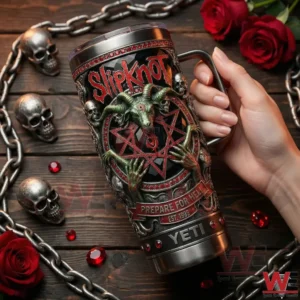 A close view of a hand holding a Slipknot YETI tumbler with chains skull decorations and red roses in the background!