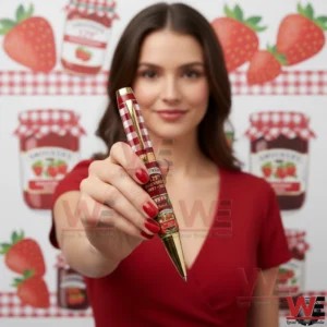 Woman holding a Smuckers strawberry themed commemorative pen toward the camera!