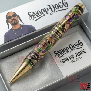 Snoop Dogg collector pen with gold trim resting in an open gift box with branded artwork and Gin And Juice insert card!