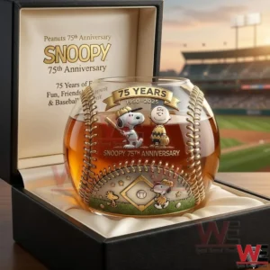 Snoopy seventy five years anniversary baseball whiskey glass placed in a luxury gift box with detailed cartoon baseball design!