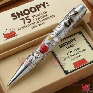 A Snoopy Themed Silver Pen Shown In A Gift Box With Anniversary Text And Classic Character Illustrations!