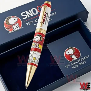 Snoopy 75th Anniversary 1950-2025 Pen 4 Open navy Snoopy gift box with a red and white 75th anniversary pen and a matching card showing the dates 1950 to 2025!