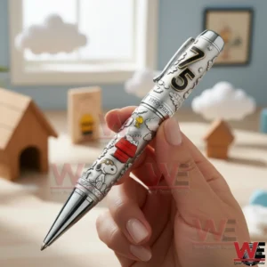 Hand holding a Snoopy anniversary pen in a playful room setting!