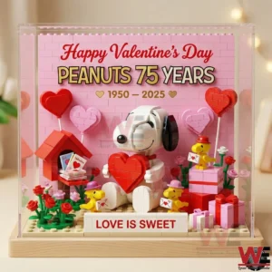 Peanuts themed brick display with Snoopy holding a heart Woodstock characters Valentine gifts flowers and anniversary backdrop inside a clear display case!