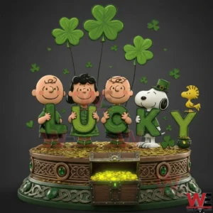 Snoopy Peanuts Saint Patrick Day building block display with Lucky letters shamrocks green outfits and treasure base!