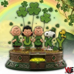 Snoopy Peanuts x St. Patrick's Day Building Blocks Set 4 Snoopy Peanuts Lucky building block display with rainbow background shamrocks and festive green theme!