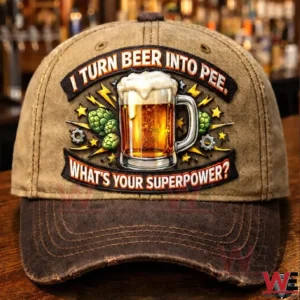 A brown embroidered cap with a beer mug graphic and humorous slogan displayed on a wooden bar surface with bottles blurred in the background!