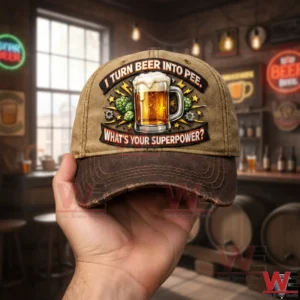A hand holding a brown baseball cap with an embroidered beer mug and humorous slogan inside a softly lit bar environment!