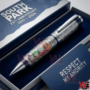 South Park twenty ninth anniversary 1997 2026 collector pen in a navy gift box with snowflake design and a Respect My Authority card!