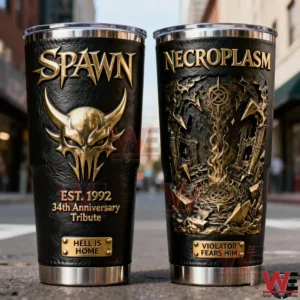 Black Spawn themed insulated tumblers with gold demonic emblem necroplasm artwork and anniversary tribute displayed outdoors!