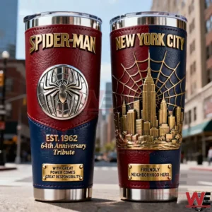 Two Spider Man insulated tumblers with New York City skyline design standing on a city street setting!