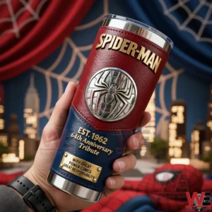 Spiderman New York City With Great Power Comes Great Responsibility Tumbler 3 Hand holding a Spider Man insulated tumbler with anniversary tribute design in front of a New York City themed background!