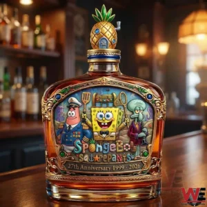 SpongeBob anniversary whiskey bottle with character artwork and pineapple stopper displayed on a bar counter!