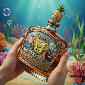 Spongebob Squarepants 27th Anniversary (1999-2026) Whiskey Bottle 3 Hands holding a SpongeBob anniversary whiskey bottle with character artwork and pineapple stopper in an underwater scene!