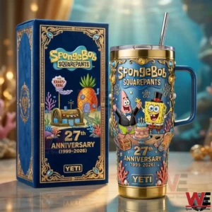 A SpongeBob SquarePants anniversary tumbler is displayed beside a matching box decorated with underwater elements and classic cartoon imagery!