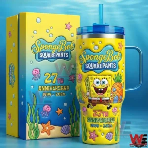 Spongebob Squarepants 27Th Anniversary Limited Edition 40Oz Stanley Tumbler 4 A SpongeBob SquarePants anniversary tumbler and presentation box shown together with bright yellow blue tones and themed illustrations!