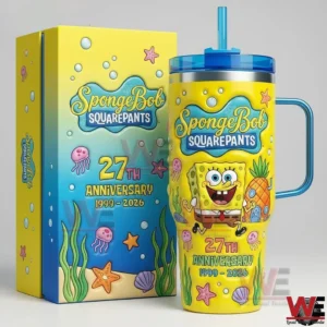 Spongebob Squarepants 27Th Anniversary Limited Edition 40Oz Stanley Tumbler 5 A SpongeBob SquarePants anniversary tumbler and matching box shown in a simple setting to emphasize design colors and character details!