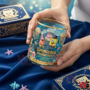 Luxury SpongeBob SquarePants anniversary glass with colorful underwater design held in hands!