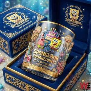 SpongeBob SquarePants anniversary glass displayed in a luxury blue gift box!
