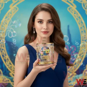 Woman holding a SpongeBob SquarePants anniversary glass against a decorative background!