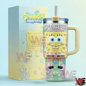 SpongeBob SquarePants themed tumbler with handle and straw featuring a raised SpongeBob character displayed next to a matching pastel box!