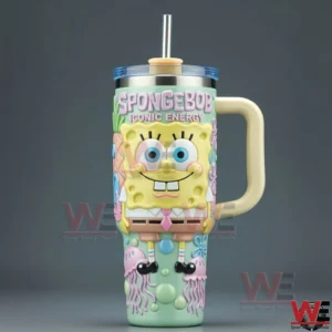 SpongeBob SquarePants themed tumbler with handle and straw featuring a raised character design shown on a dark background!