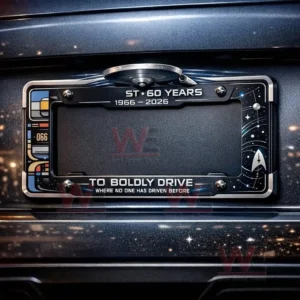Space themed license plate frame on a dark car with a starship graphic retro console panel starry galaxy design and the text st 60 years 1966 2026 and to boldly drive where no one has driven before!