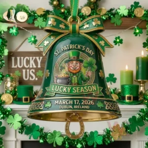 Green Saint Patricks Day bell ornament with leprechaun and shamrock design showing Lucky Season and March 17 2026 Dublin Ireland in a festive decorated background!
