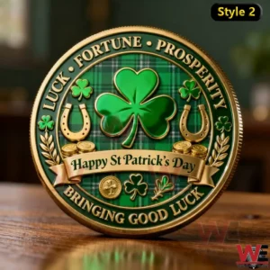 Green Saint Patrick celebration coin with clover and lucky icons on a wooden surface!