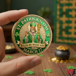 Hand holding a green Saint Patrick celebration coin with festive background decor!