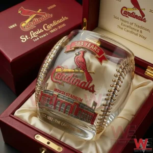 A detailed St Louis Cardinals anniversary whiskey glass with gold etched graphics stadium imagery and a refined collectors box background!