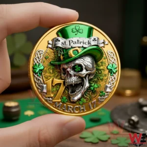 Hand holding a St Patrick coin with a skull in a green hat shamrocks and March seventeen text!
