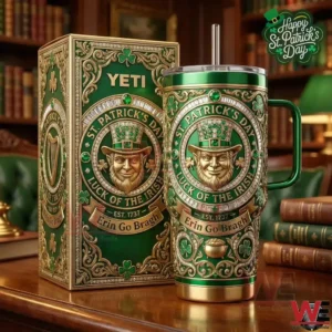 Green Saint Patrick Day themed insulated tumbler with Irish design and matching gift box!