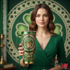 Woman holding green Saint Patrick Day themed insulated tumbler!