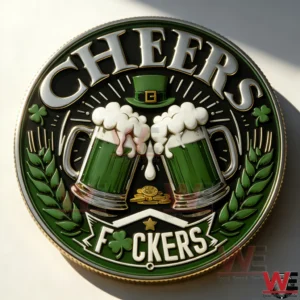 St Patrick themed challenge coin with two green beer mugs clinking under the word Cheers with shamrocks and bold lettering on a black and green background!