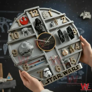 Hands holding a large round Star Wars wall clock featuring 3D character figures spacecraft symbols and gold numbers around the face!