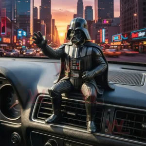 Darth Vader figurine on a car dashboard with a sunset city street in the background.