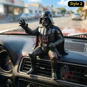 Darth Vader figurine sitting on a car dashboard in daylight with a blurred street behind.