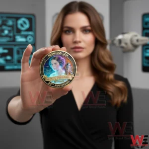 A hand holding a Princess Leia themed Star Wars anniversary collectible coin!