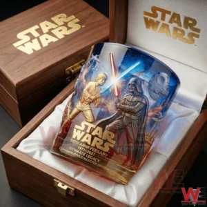 Star Wars fifty year anniversary whiskey glass with lightsaber duel artwork presented in a wooden gift box with soft lining!