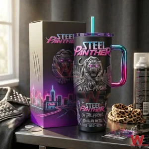 Steel Panther themed tumbler with metallic panther artwork handle lid and straw displayed beside a matching collector box!
