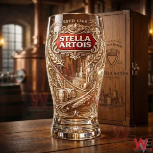 Engraved Stella Artois beer glass on a wooden table inside a traditional brewery!