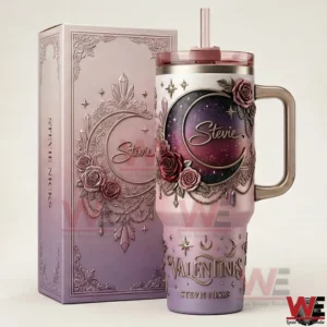 An ornate insulated tumbler and collector box with celestial floral details and Valentine themed styling displayed against a light background!