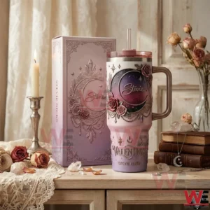 Stevie Nicks Valentines Edition 40oz Tumbler 4 An insulated tumbler with moon and floral design paired with a decorative box placed in a cozy vintage setting with books candles and crystals!