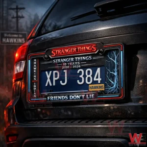 Rear of a vehicle showing a license plate XPJ one three eight four in a Stranger Things themed frame with the phrase Friends Dont Lie and Hawkins details.