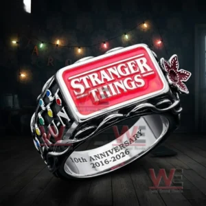 Stranger Things ring with red logo face silver and black vine band butterfly side emblem multicolored dot accents R U N text and inner engraving tenth anniversary two thousand sixteen to two thousand twenty six on dark background!