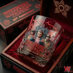Stranger Things tenth anniversary whiskey glass with character artwork supernatural red lightning and themed presentation box!