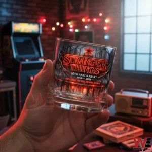 Hand holding a decorative glass with glowing forest artwork inside a retro room with soft colorful lights!
