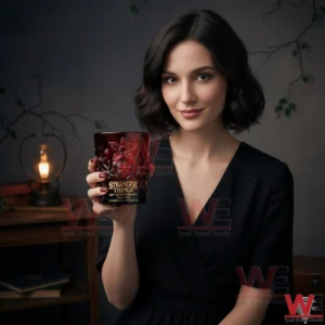 Woman holding a Stranger Things tenth anniversary commemorative whiskey glass!