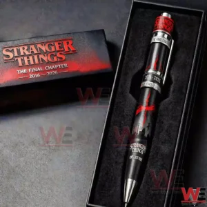 Black Stranger Things collector pen with red accents displayed in a foam gift box beside branded final chapter packaging.